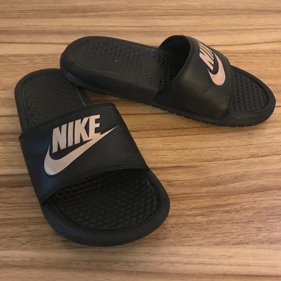 Nike Benassi JDI Black Rose Gold Slides Sandals Slip On 343881-007 Women's 5 - Picture 1 of 6